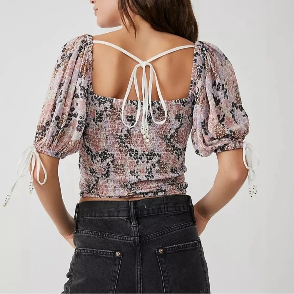 Free People Floral Smocked Puff Sleeve Top NWT